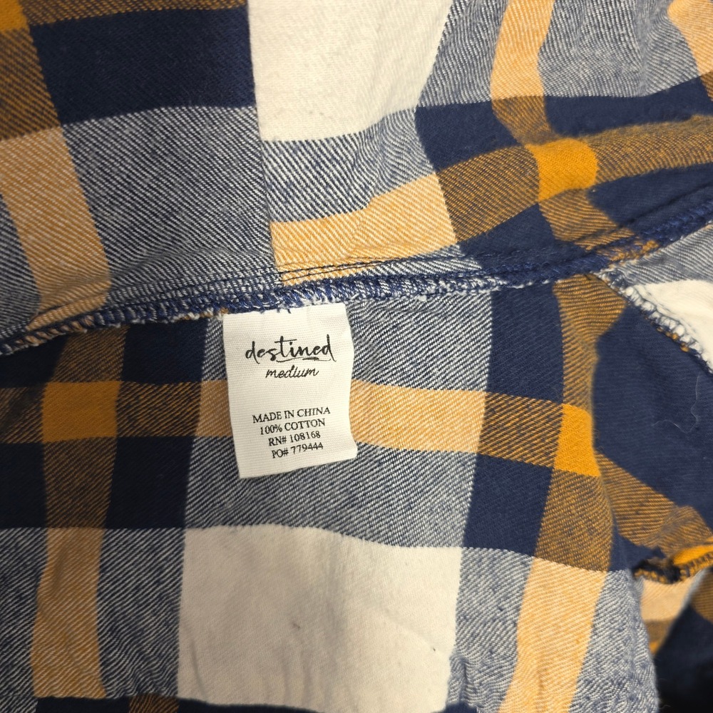 Destined Womens Hooded Flannel Shirt Plaid Navy Mustard Yellow Cotton Medium W61 - Picture 4 of 4